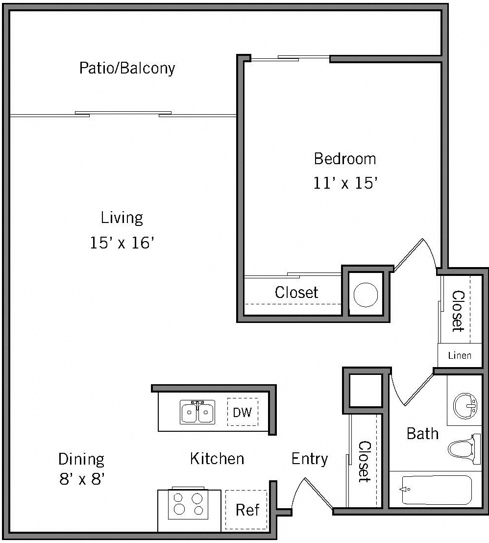 Floor plan for 1 bed, 1 bath, 720 sqft